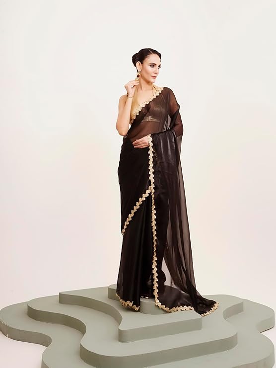 ORHANS Women's Yellow Embellished Sequinned Organza Saree With Unstitched Blouse Piece For All Occasion Saree - Image 4