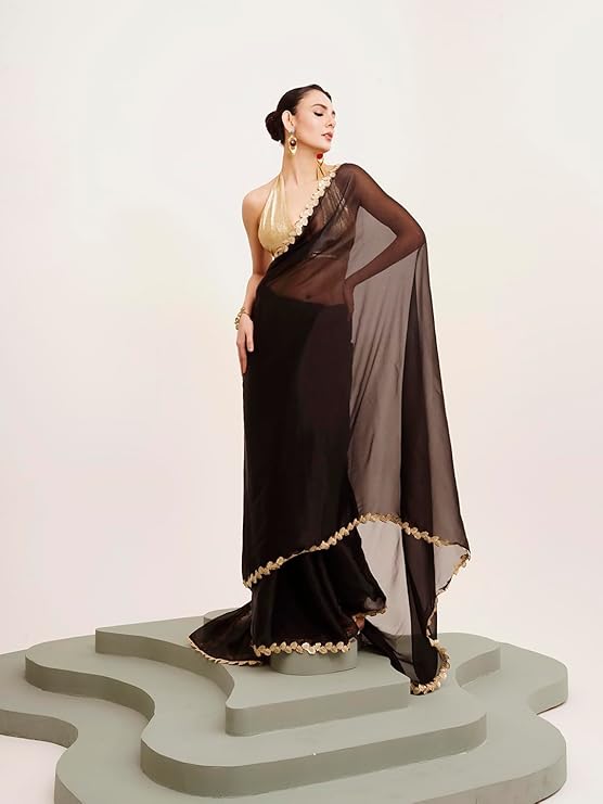 ORHANS Women's Yellow Embellished Sequinned Organza Saree With Unstitched Blouse Piece For All Occasion Saree - Image 5