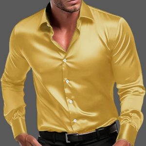 IndoPrimo Men's Satin Shirt with Spread Collar Neck Line Solid Pattern Full Sleeves Regular Fit Western Style and Standard Length