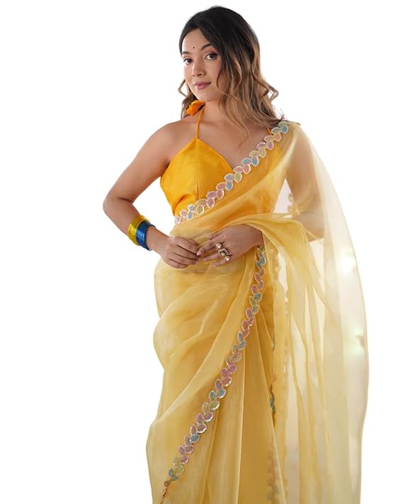 ORHANS Women's Yellow Embellished Sequinned Organza Saree With Unstitched Blouse Piece For All Occasion Saree - Image 7