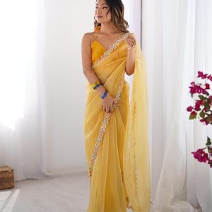 ORHANS Women's Yellow Embellished Sequinned Organza Saree With Unstitched Blouse Piece For All Occasion Saree