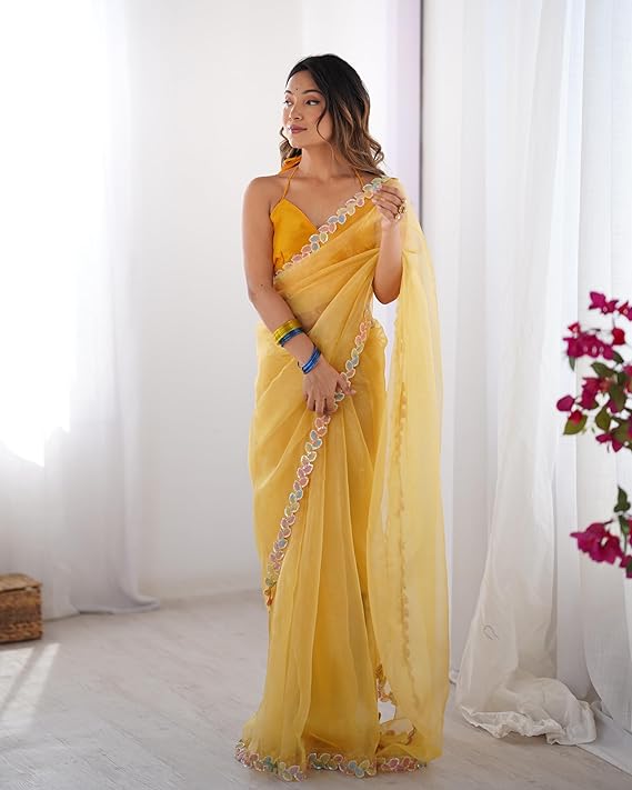 ORHANS Women's Yellow Embellished Sequinned Organza Saree With Unstitched Blouse Piece For All Occasion Saree