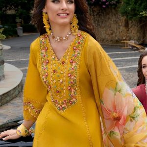 INDO ERA Women's Silk Blend Embroidered A-Line Kurta and Pant with Dupatta Set (Ieout6682)